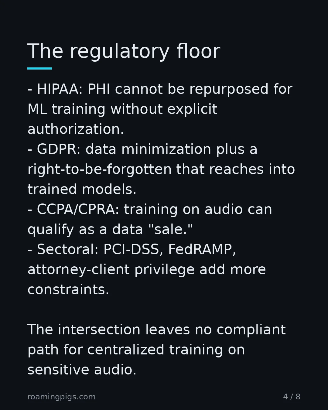 Slide 4 of 8: The regulatory floor. HIPAA: PHI cannot be repurposed for ML training without explicit authorization. GDPR: data minimization plus a…
