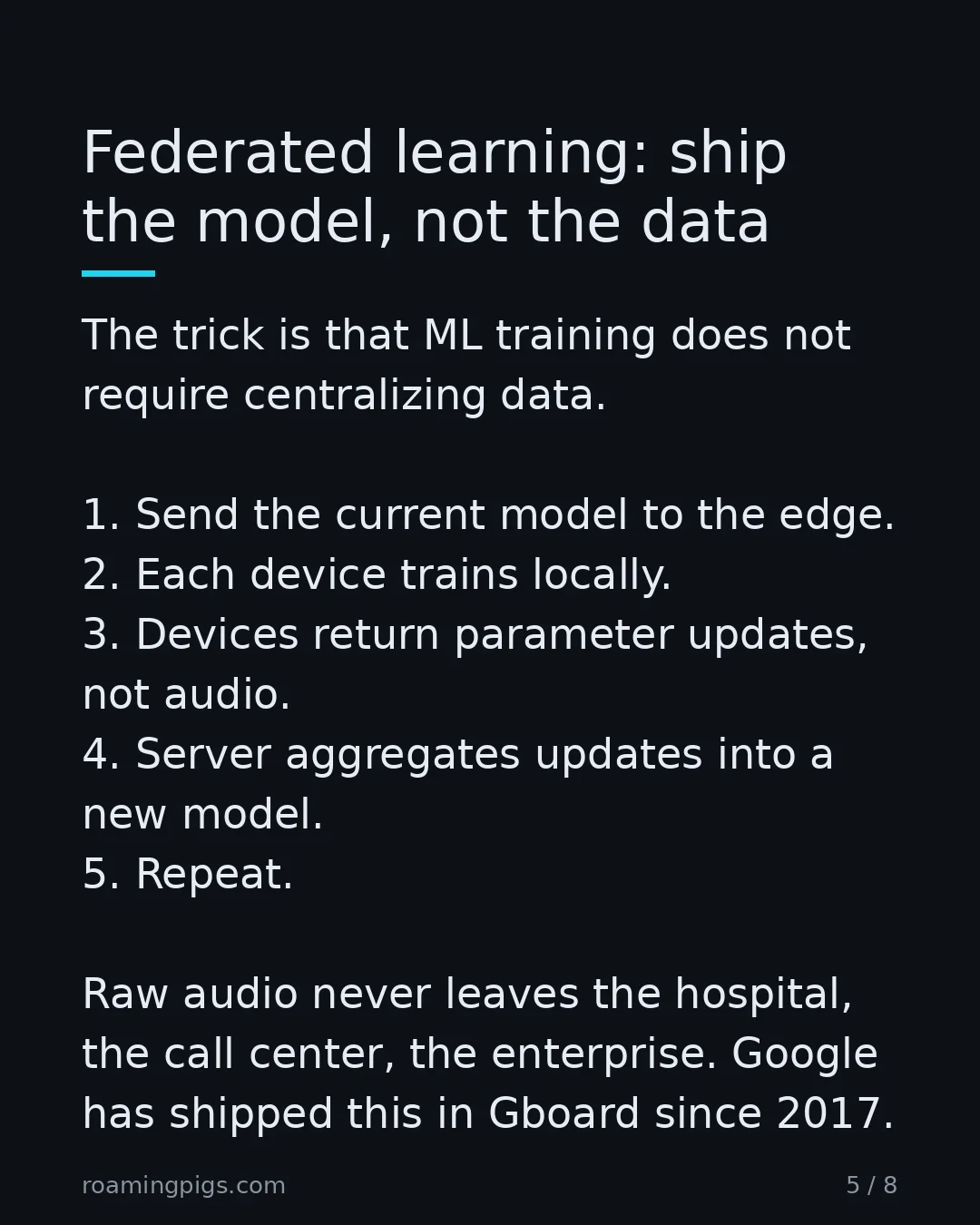 Slide 5 of 8: Federated learning: ship the model, not the data. The trick is that ML training does not require centralizing data. 1. Send the current…