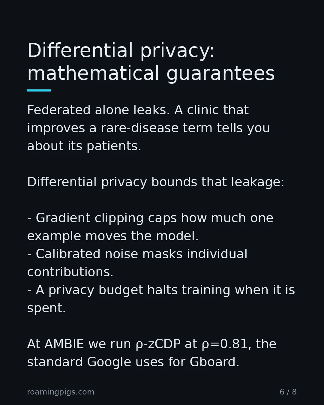 Slide 6 of 8: Differential privacy: mathematical guarantees. Federated alone leaks. A clinic that improves a rare-disease term tells you about its…