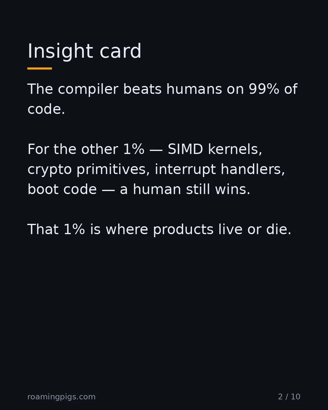 Slide 2 of 10: The honest version of the case for assembly. The compiler beats humans on 99% of code. For the other 1% — SIMD kernels, crypto primitives,…