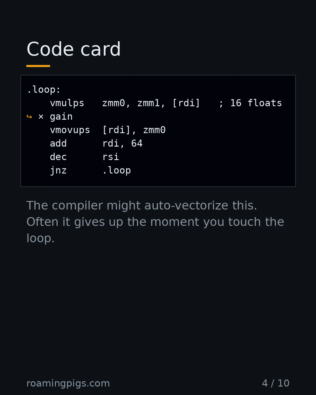 Slide 4 of 10: Code card. Code example. One AVX-512 instruction does sixteen floats