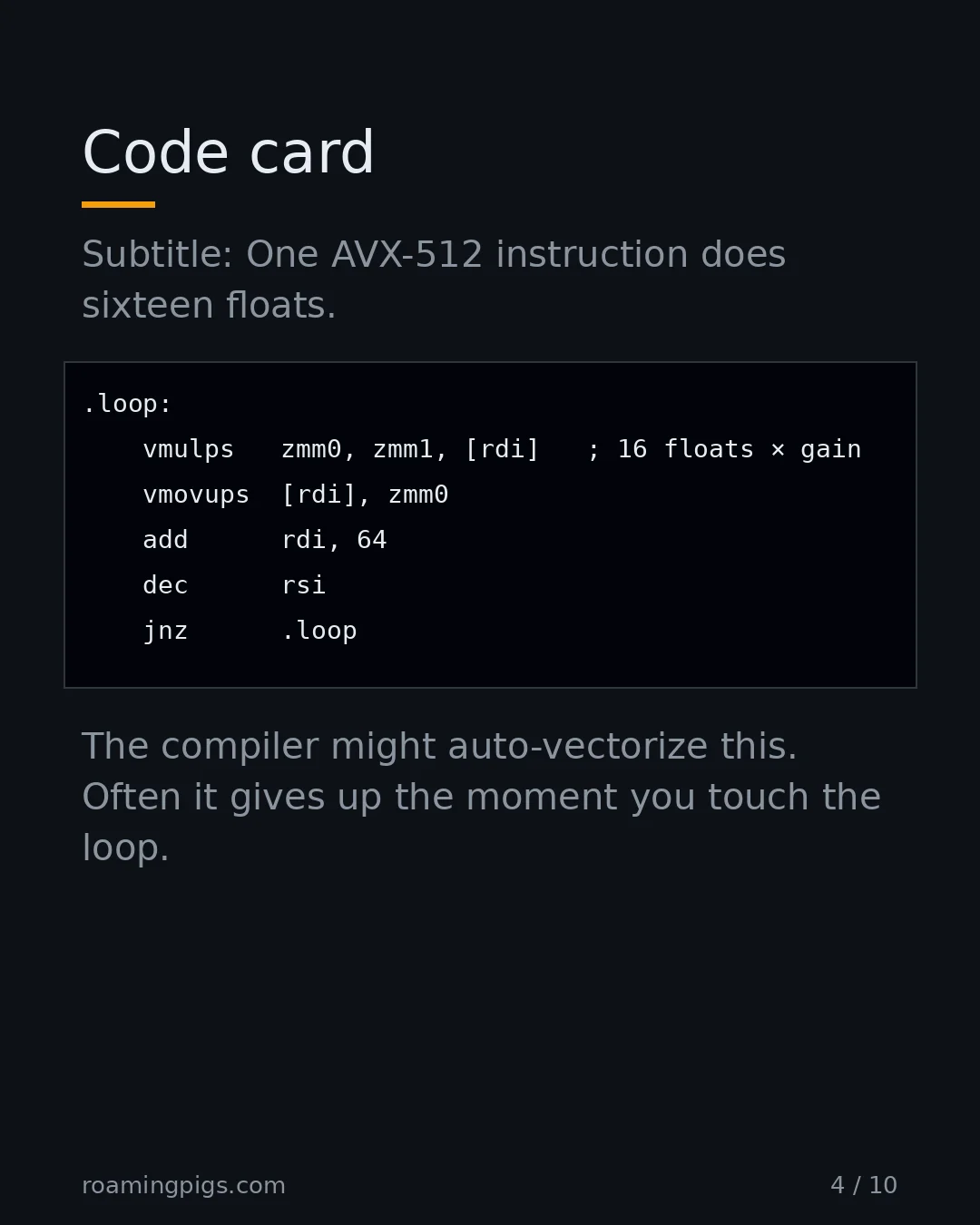 Slide 4 of 10: Code card. Code example. Subtitle: One AVX-512 instruction does sixteen floats