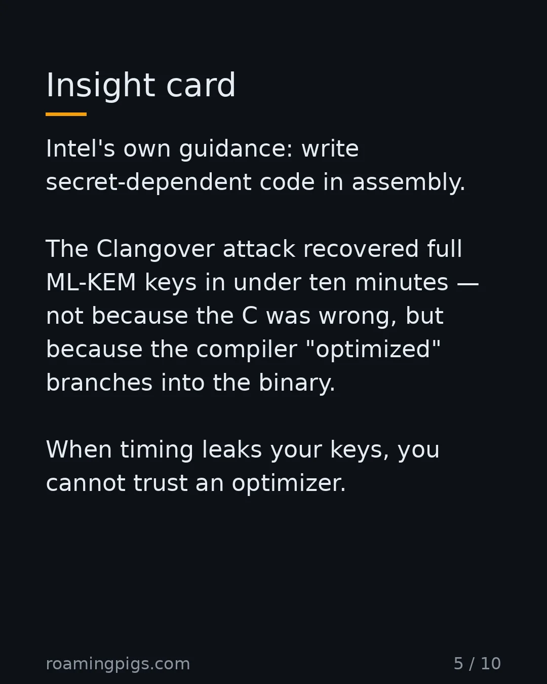 Slide 5 of 10: Compilers break constant-time guarantees. Intel's own guidance: write secret-dependent code in assembly. The Clangover attack recovered…