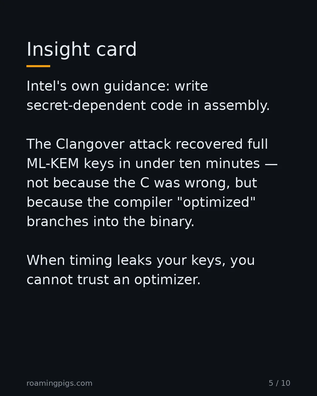 Slide 5 of 10: Compilers break constant-time guarantees. Intel's own guidance: write secret-dependent code in assembly. The Clangover attack recovered…