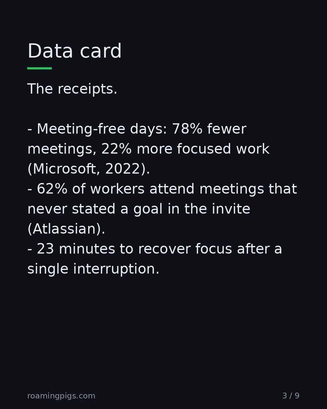 Slide 3 of 9: Microsoft's New Future of Work Report (2022): meeting-free days correlate with 22% more focused work. The receipts. Meeting-free days: 78%…