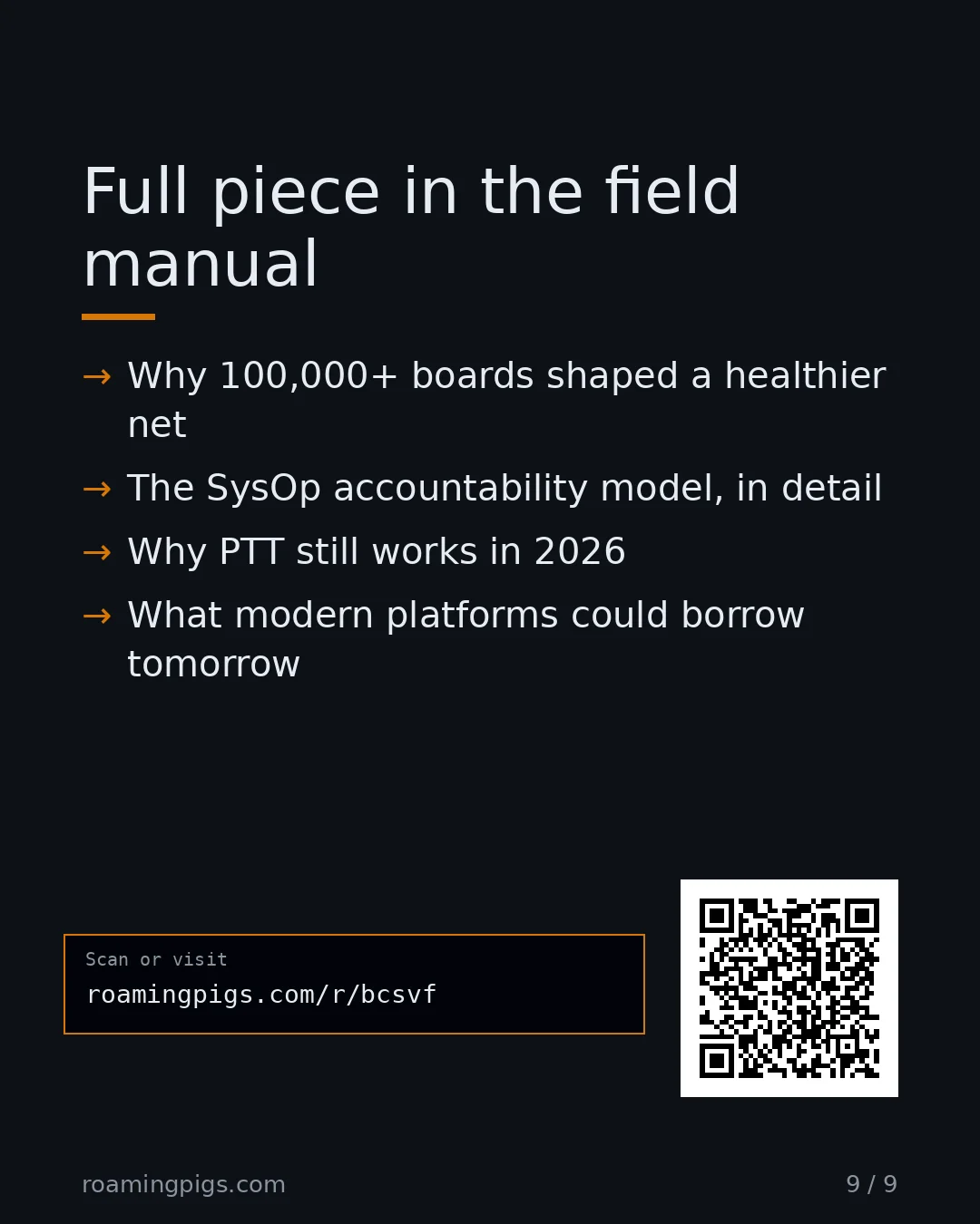Slide 9 of 9: Call to action: Why 100,000+ boards shaped a healthier net The SysOp accountability model, in detail Why PTT still works in 2026 What…