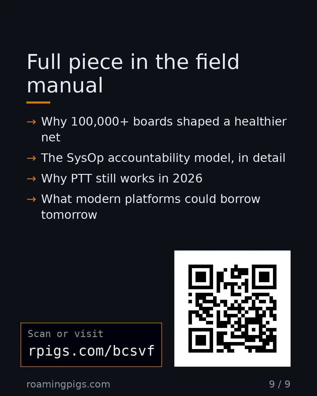 Slide 9 of 9: Call to action: Why 100,000+ boards shaped a healthier net The SysOp accountability model, in detail Why PTT still works in 2026 What…