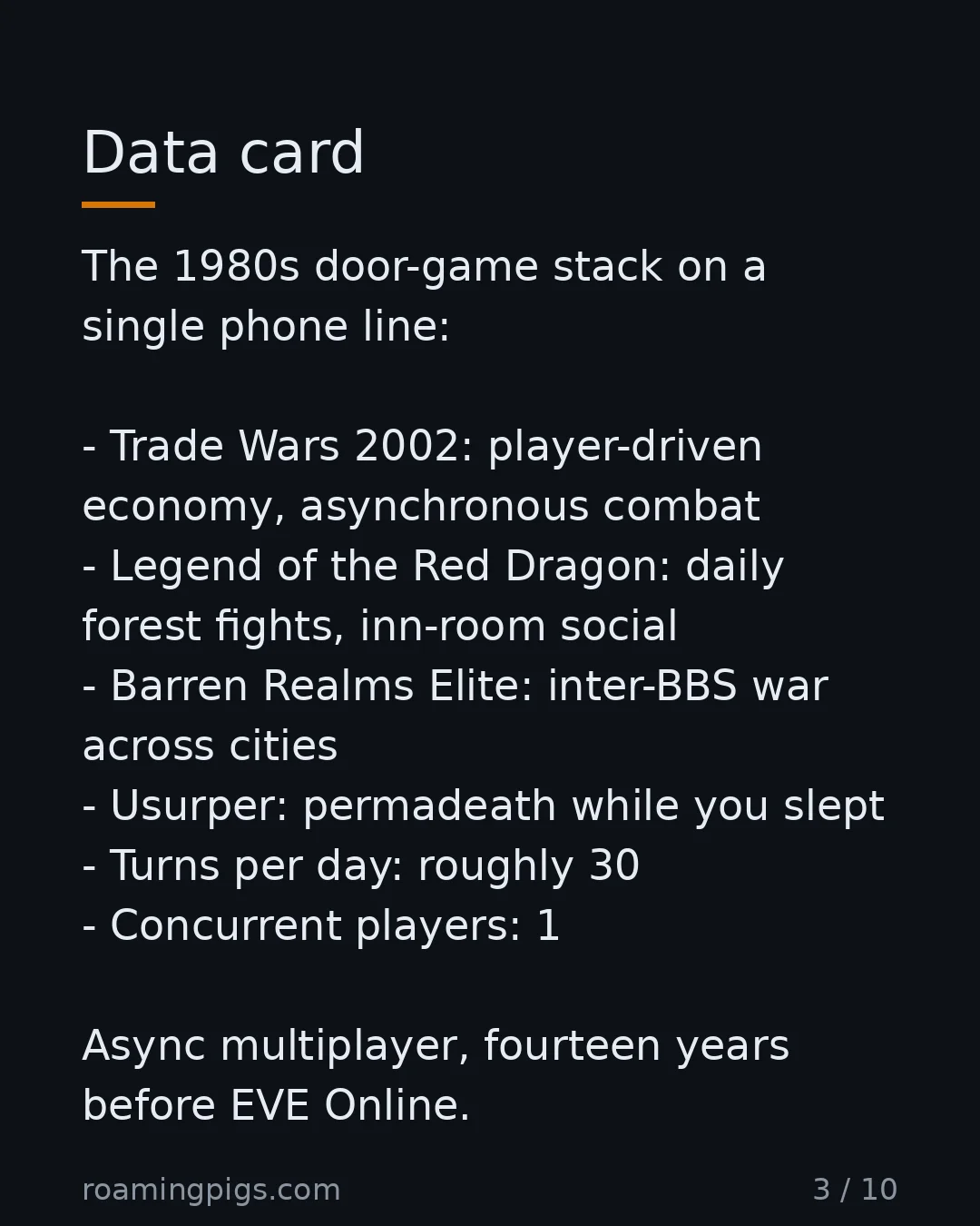 Slide 3 of 10: Data card. The 1980s door-game stack on a single phone line: Trade Wars 2002: player-driven economy, asynchronous combat Legend of the Red…