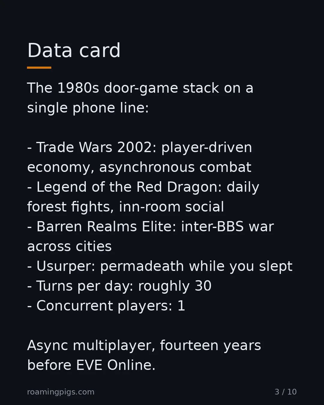 Slide 3 of 10: Data card. The 1980s door-game stack on a single phone line: Trade Wars 2002: player-driven economy, asynchronous combat Legend of the Red…