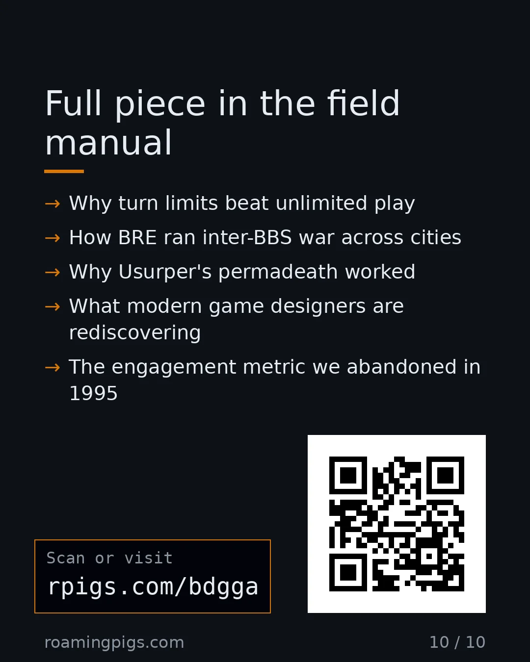Slide 10 of 10: Call to action: Why turn limits beat unlimited play How BRE ran inter-BBS war across cities Why Usurper's permadeath worked What modern…