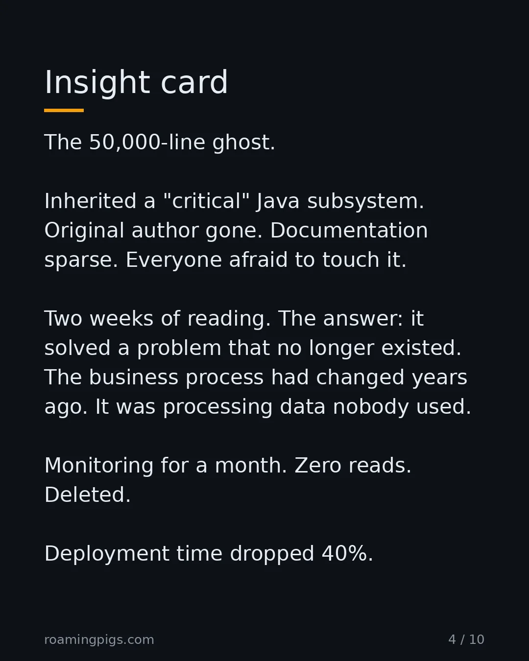 Slide 4 of 10: Insight card. The 50,000-line ghost. Inherited a "critical" Java subsystem. Original author gone. Documentation sparse. Everyone afraid to…