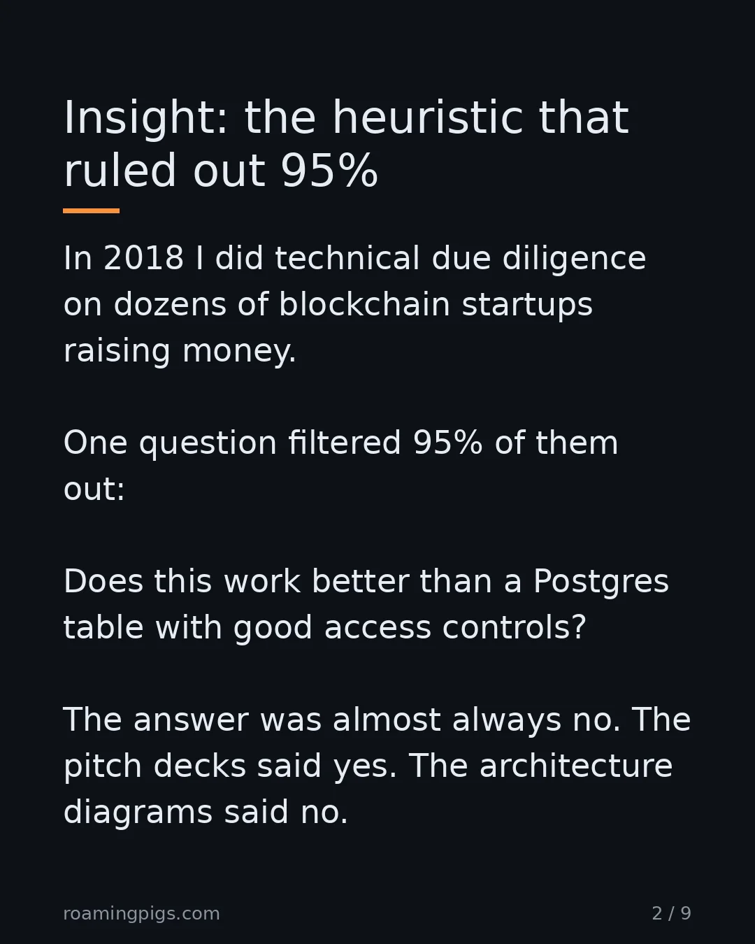 Slide 2 of 9: The single question that did the work of a 40-page whitepaper review. In 2018 I did technical due diligence on dozens of blockchain…