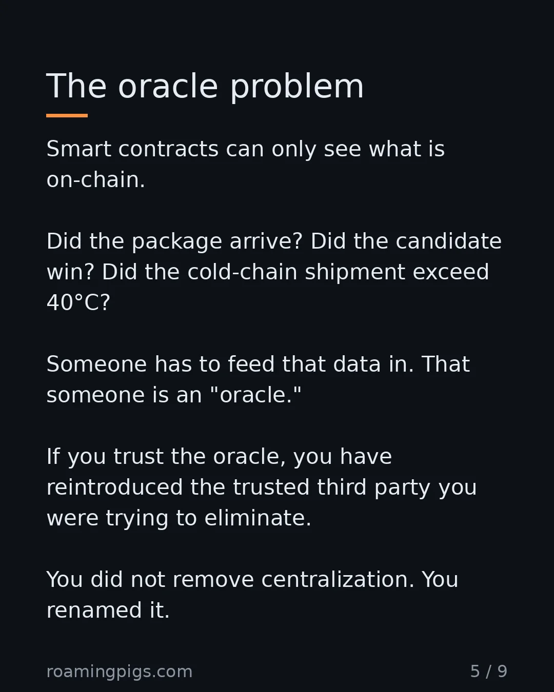 Slide 5 of 9: The hidden centralization at the heart of every "decentralized" app. Smart contracts can only see what is on-chain. Did the package arrive?…