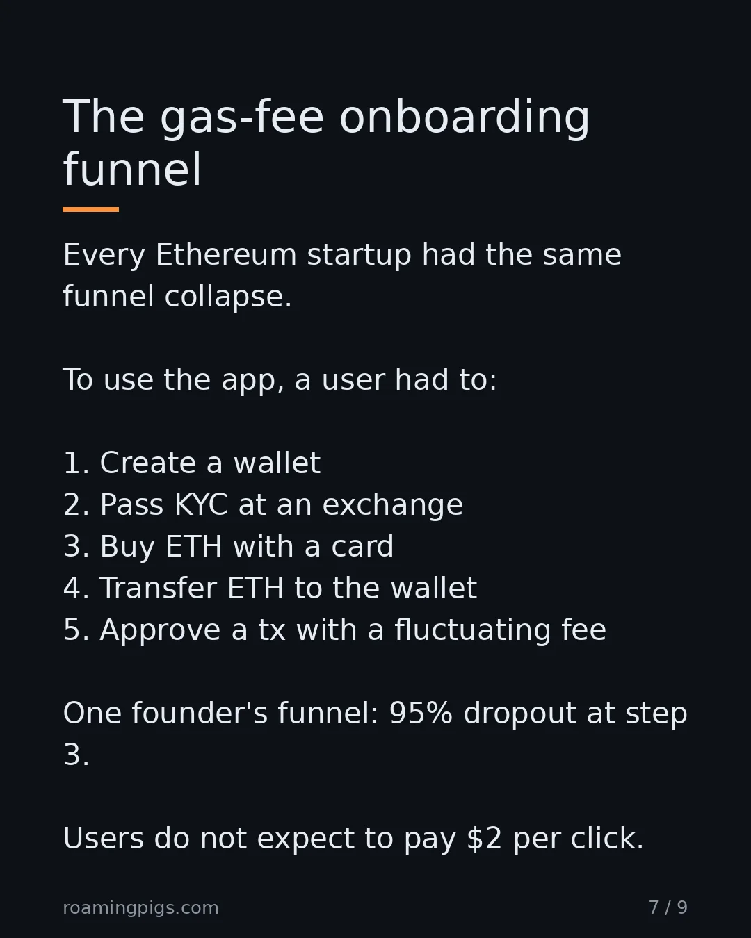Slide 7 of 9: One startup's actual numbers. The UX was the killer, not the cryptography. Every Ethereum startup had the same funnel collapse. To use the…