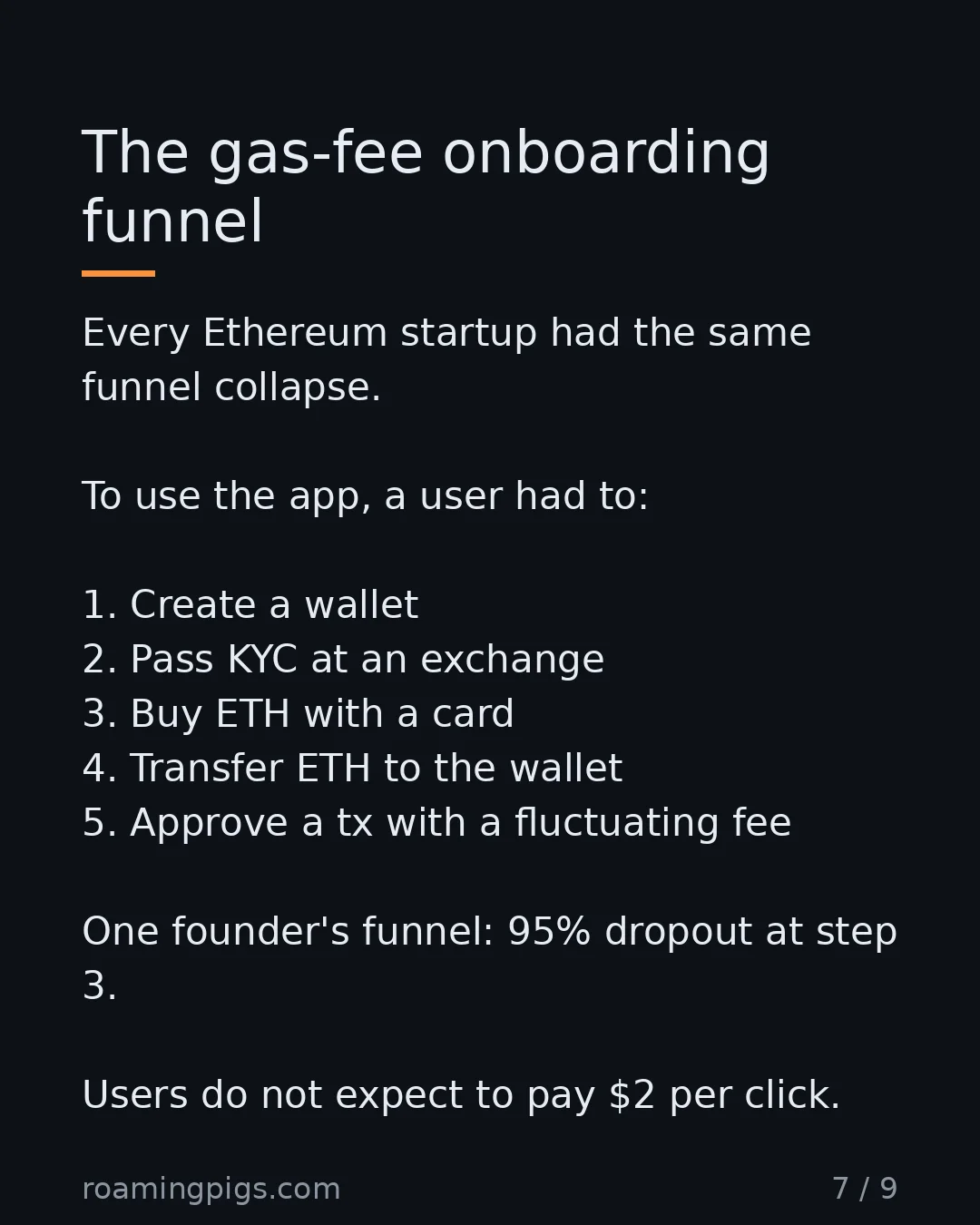 Slide 7 of 9: One startup's actual numbers. The UX was the killer, not the cryptography. Every Ethereum startup had the same funnel collapse. To use the…