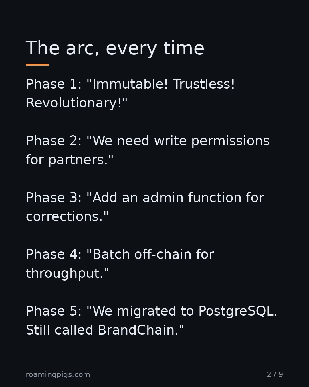Slide 2 of 9: The arc, every time. Phase 1: "Immutable! Trustless! Revolutionary!" Phase 2: "We need write permissions for partners." Phase 3: "Add an…