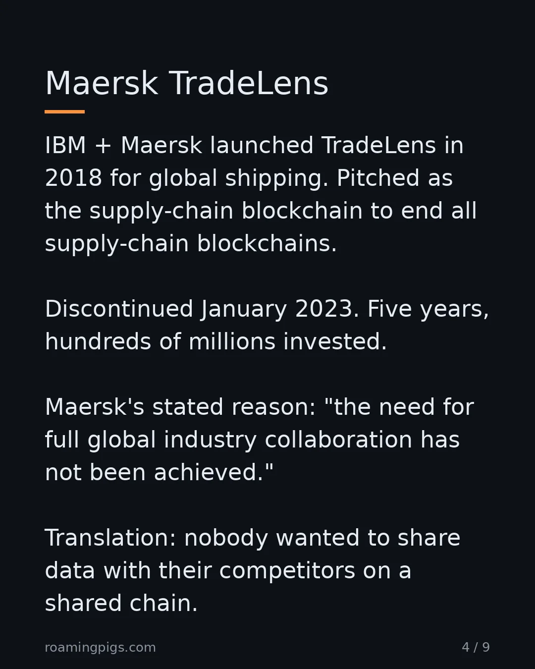 Slide 4 of 9: Maersk TradeLens. IBM + Maersk launched TradeLens in 2018 for global shipping. Pitched as the supply-chain blockchain to end all…