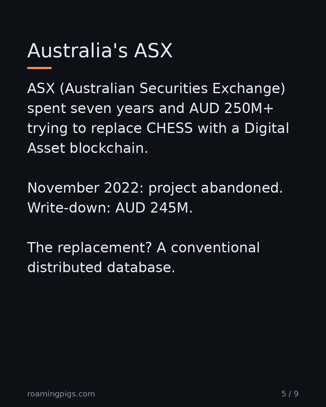 Slide 5 of 9: Australia's ASX. ASX (Australian Securities Exchange) spent six years trying to replace CHESS with a Digital Asset blockchain. November…