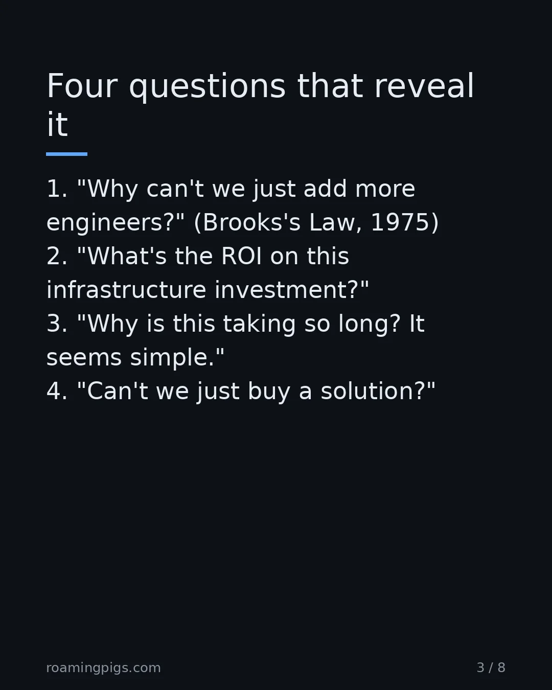 Slide 3 of 8: Four questions that reveal it. 1. "Why can't we just add more engineers?" (Brooks's Law, 1975) 2. "What's the ROI on this infrastructure…