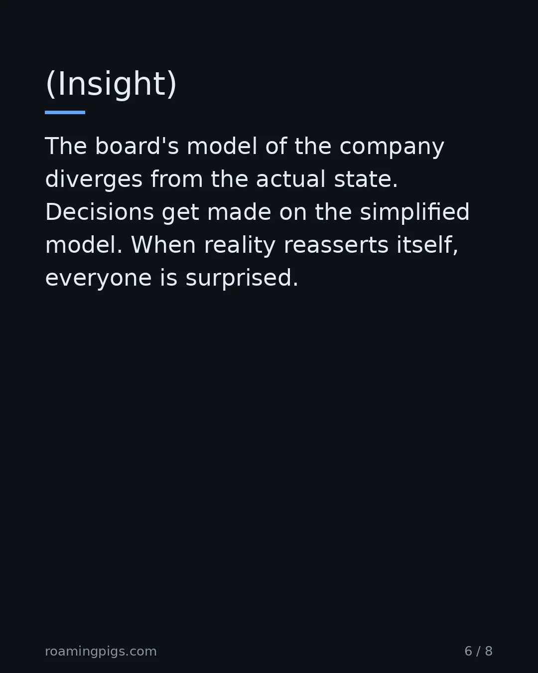 Slide 6 of 8: (Insight). The board's model of the company diverges from the actual state. Decisions get made on the simplified model. When reality…