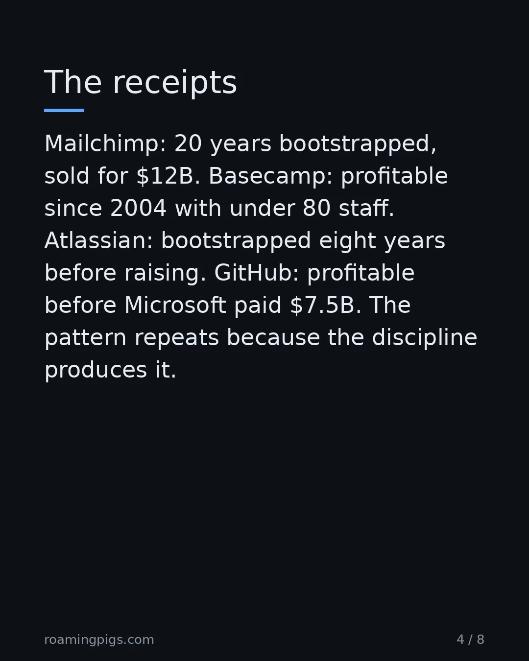 Slide 4 of 8: The receipts. Mailchimp: 20 years bootstrapped, sold to Intuit for $12B. Basecamp: profitable since 2004 with under 80 staff. Atlassian:…