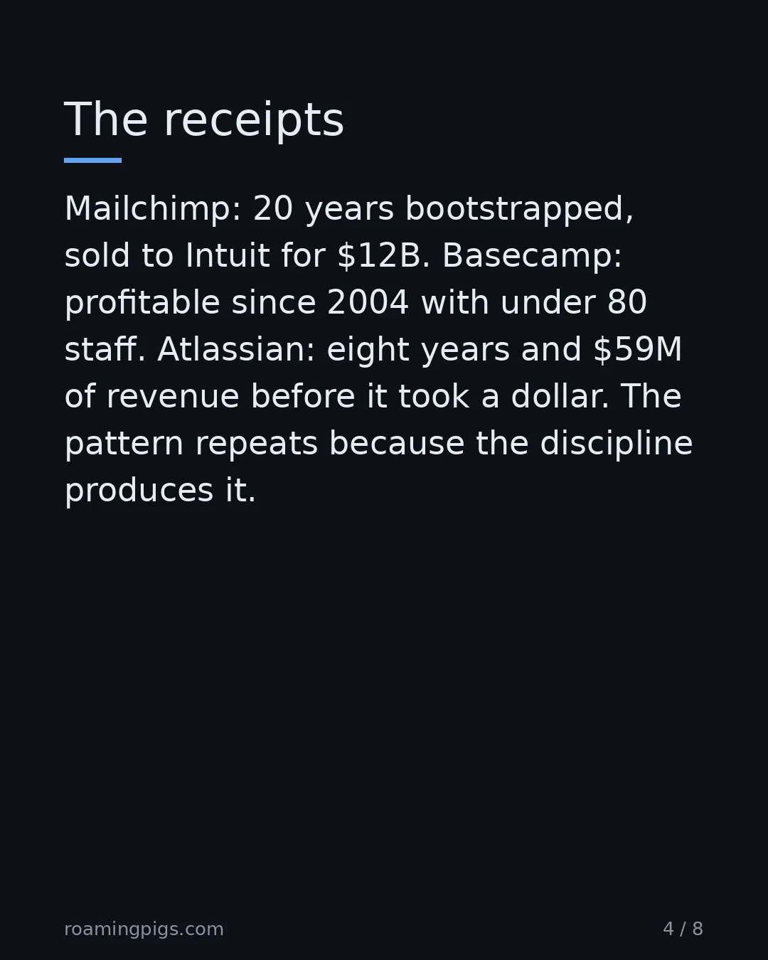 Slide 4 of 8: The receipts. Mailchimp: 20 years bootstrapped, sold to Intuit for $12B. Basecamp: profitable since 2004 with under 80 staff. Atlassian:…