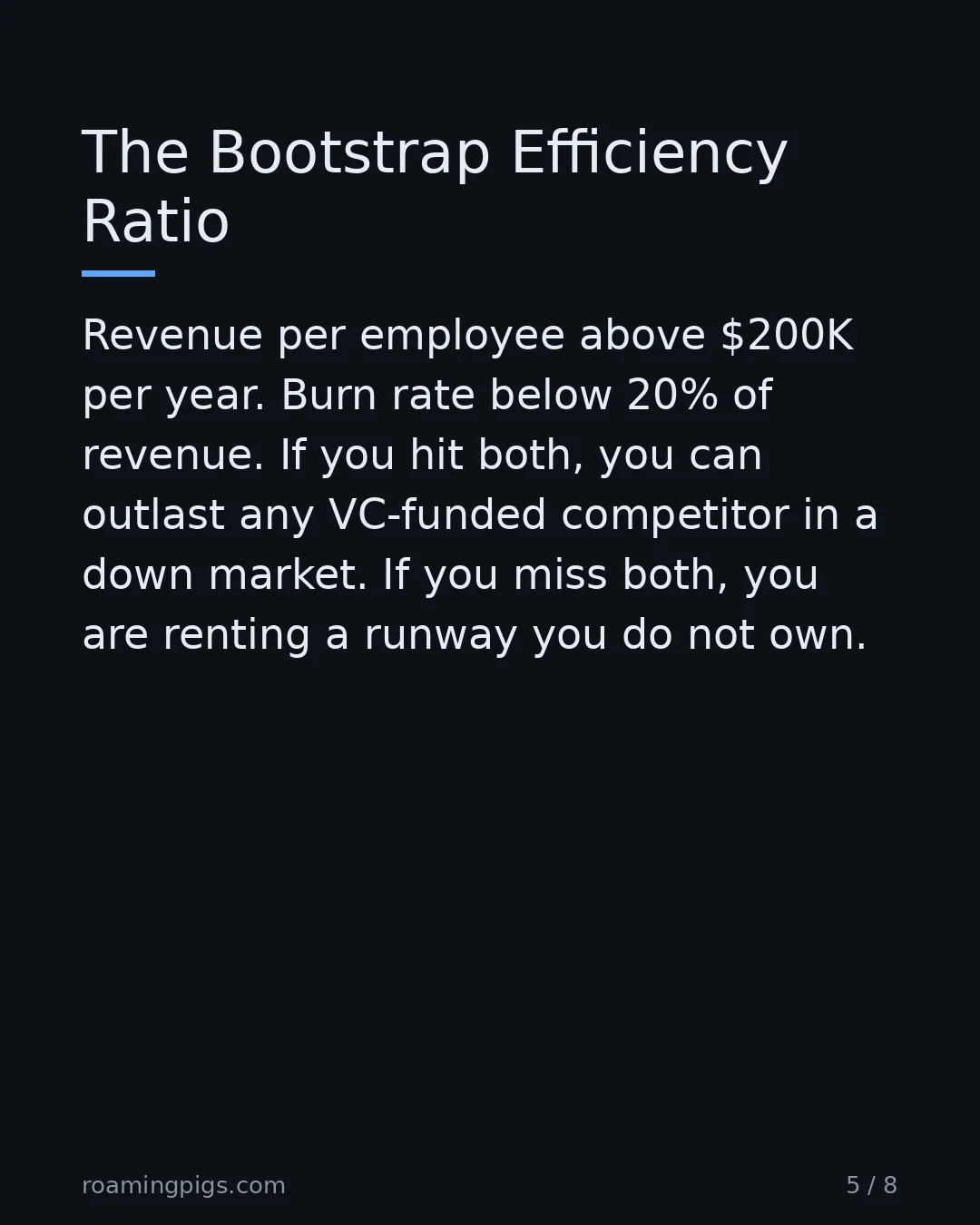Slide 5 of 8: The Bootstrap Efficiency Ratio. Revenue per employee above $200K per year. Burn rate below 20% of revenue. If you hit both, you can outlast…