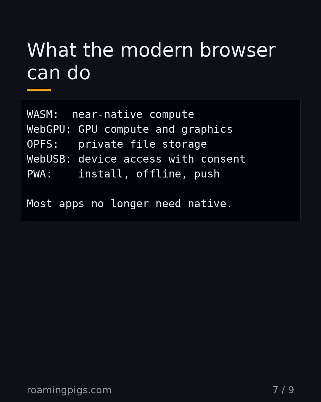 Slide 7 of 9: What the modern browser can do. Code example