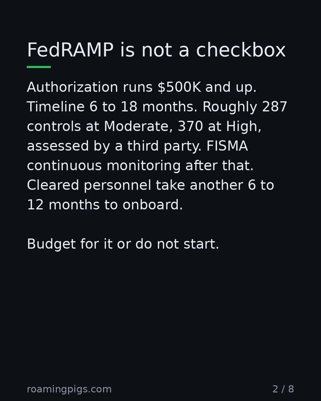 Slide 2 of 8: FedRAMP is not a checkbox. Authorization runs $500K and up. Timeline 6 to 18 months. Roughly 287 controls at Moderate, 370 at High,…