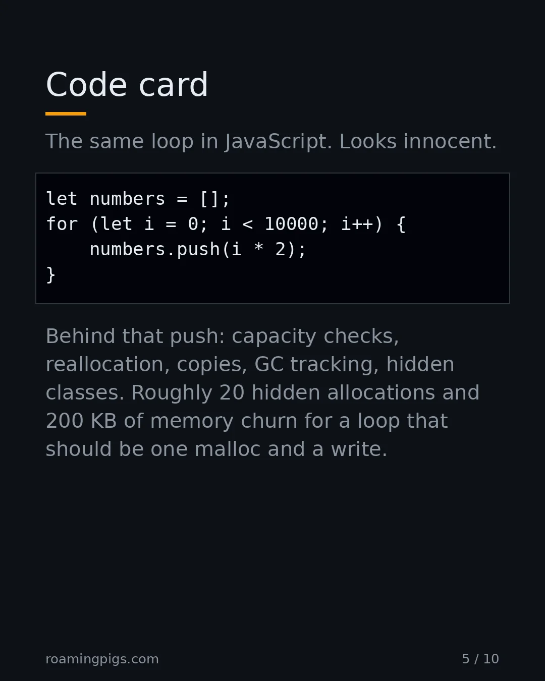 Slide 5 of 10: Code card. Code example. The same loop in JavaScript. Looks innocent