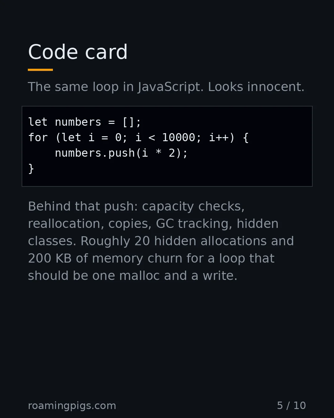 Slide 5 of 10: Code card. Code example. The same loop in JavaScript. Looks innocent