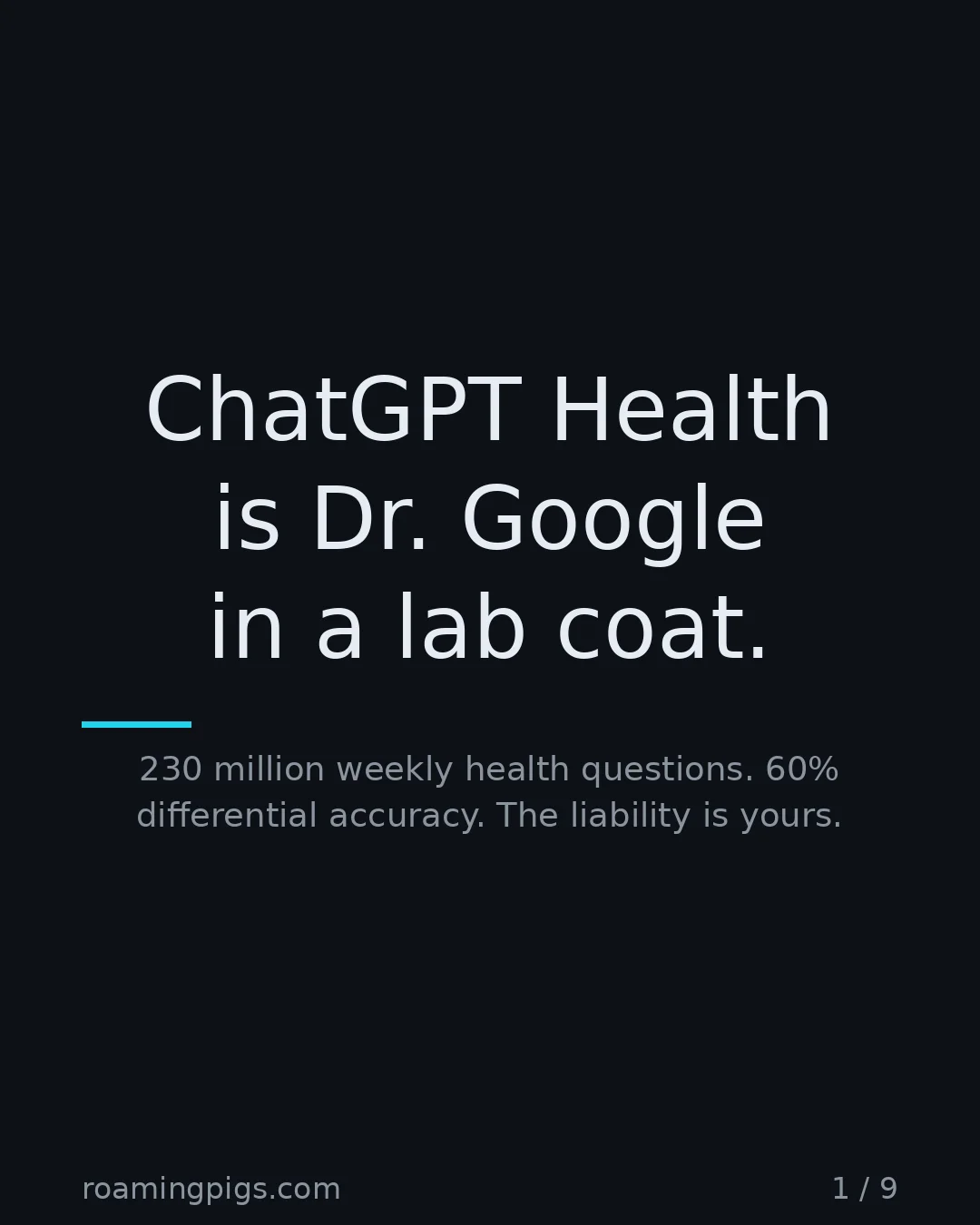 Slide 1 of 9: ChatGPT Health is Dr. Google in a lab coat.. 230 million weekly health questions. 60% differential accuracy. The liability is yours