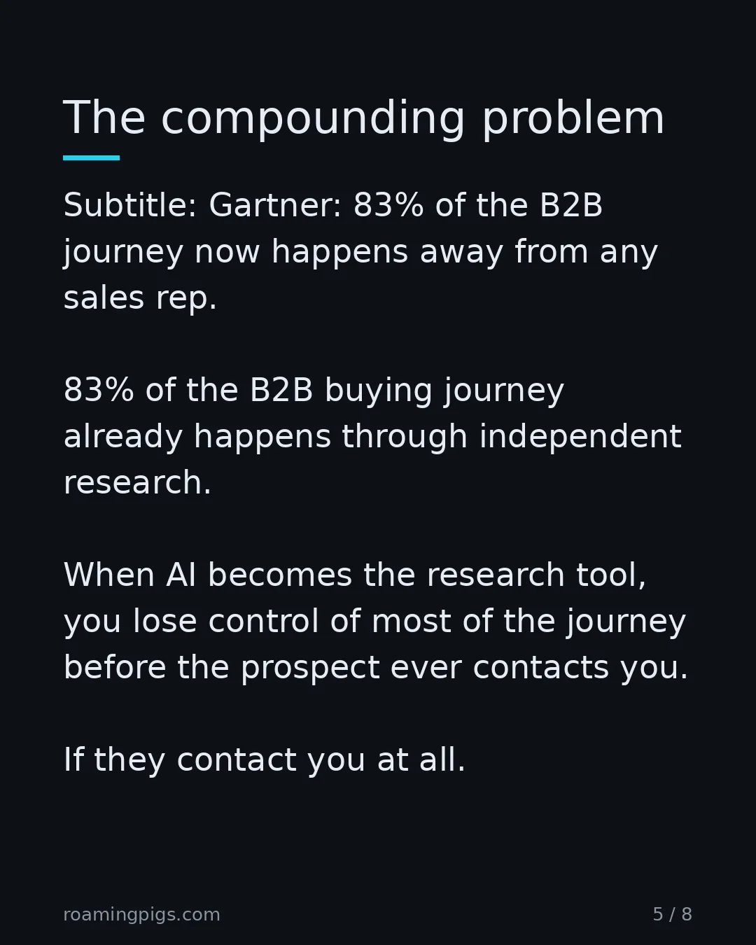 Slide 5 of 8: Gartner: 83% of the B2B journey now happens away from any sales rep. 83% of the B2B buying journey already happens away from any sales rep.…
