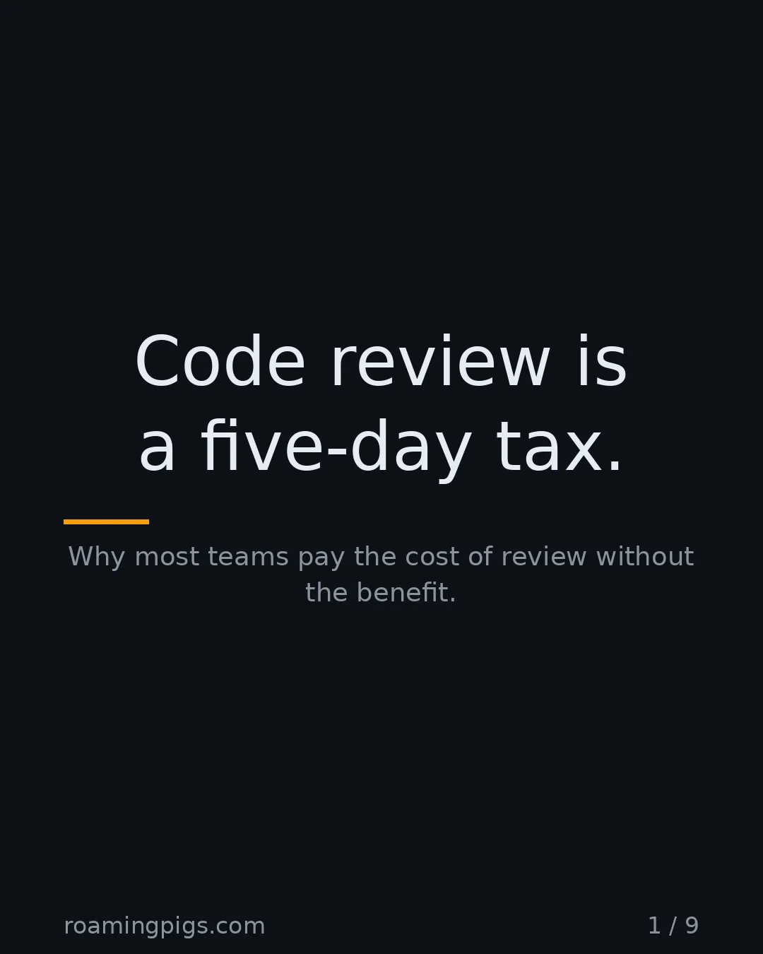 Slide 1 of 9: Code review is a five-day tax.. Why most teams pay the cost of review without the benefit