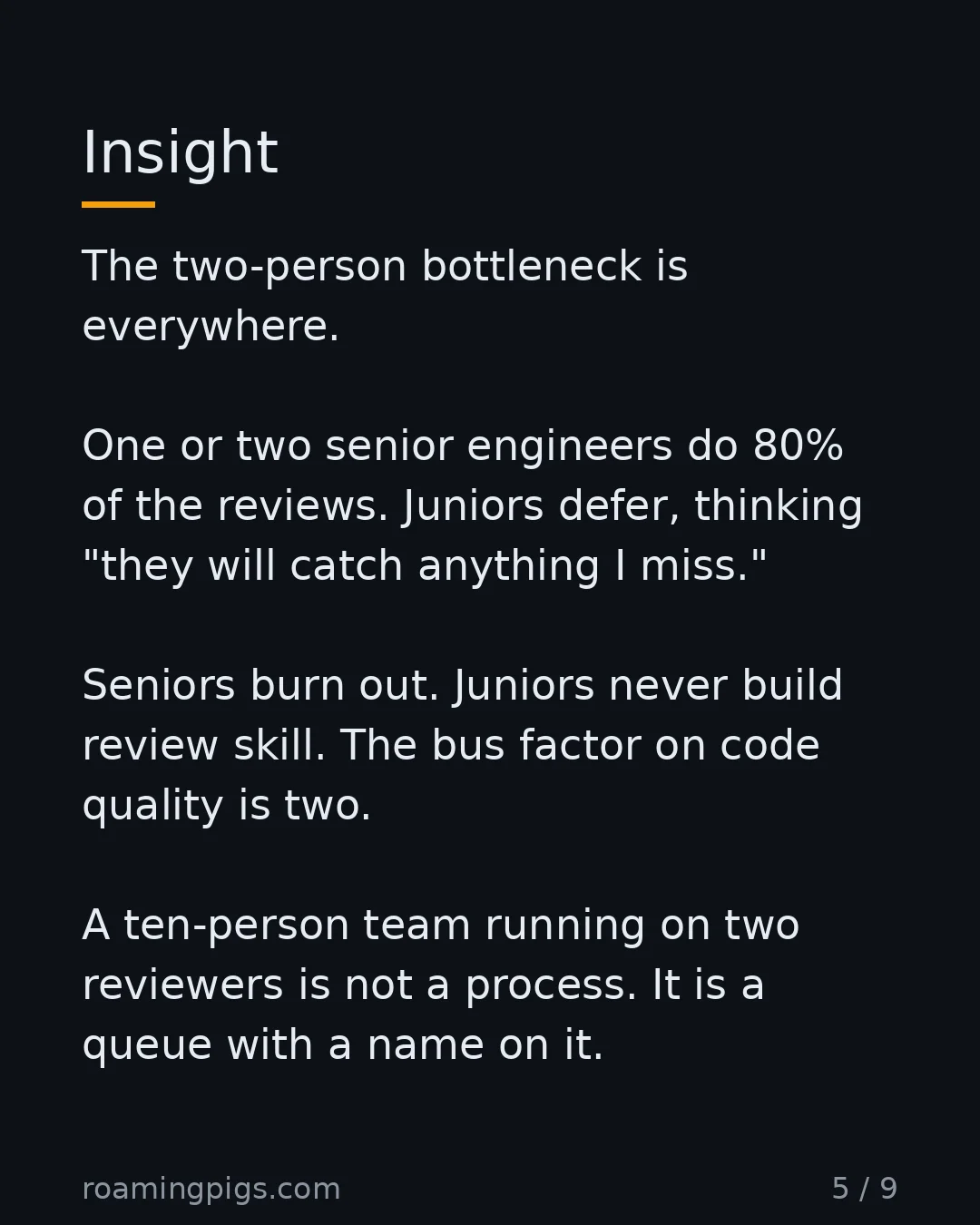Slide 5 of 9: Insight. The two-person bottleneck is everywhere. One or two senior engineers do 80% of the reviews. Juniors defer, thinking "they will…