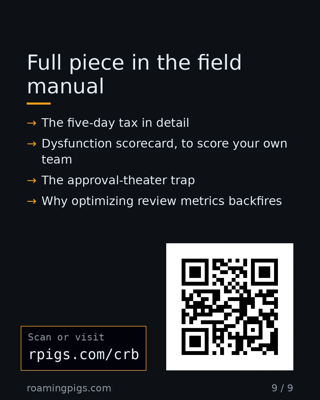 Slide 9 of 9: Call to action: The five-day tax in detail Dysfunction scorecard, to score your own team The approval-theater trap Why optimizing review…