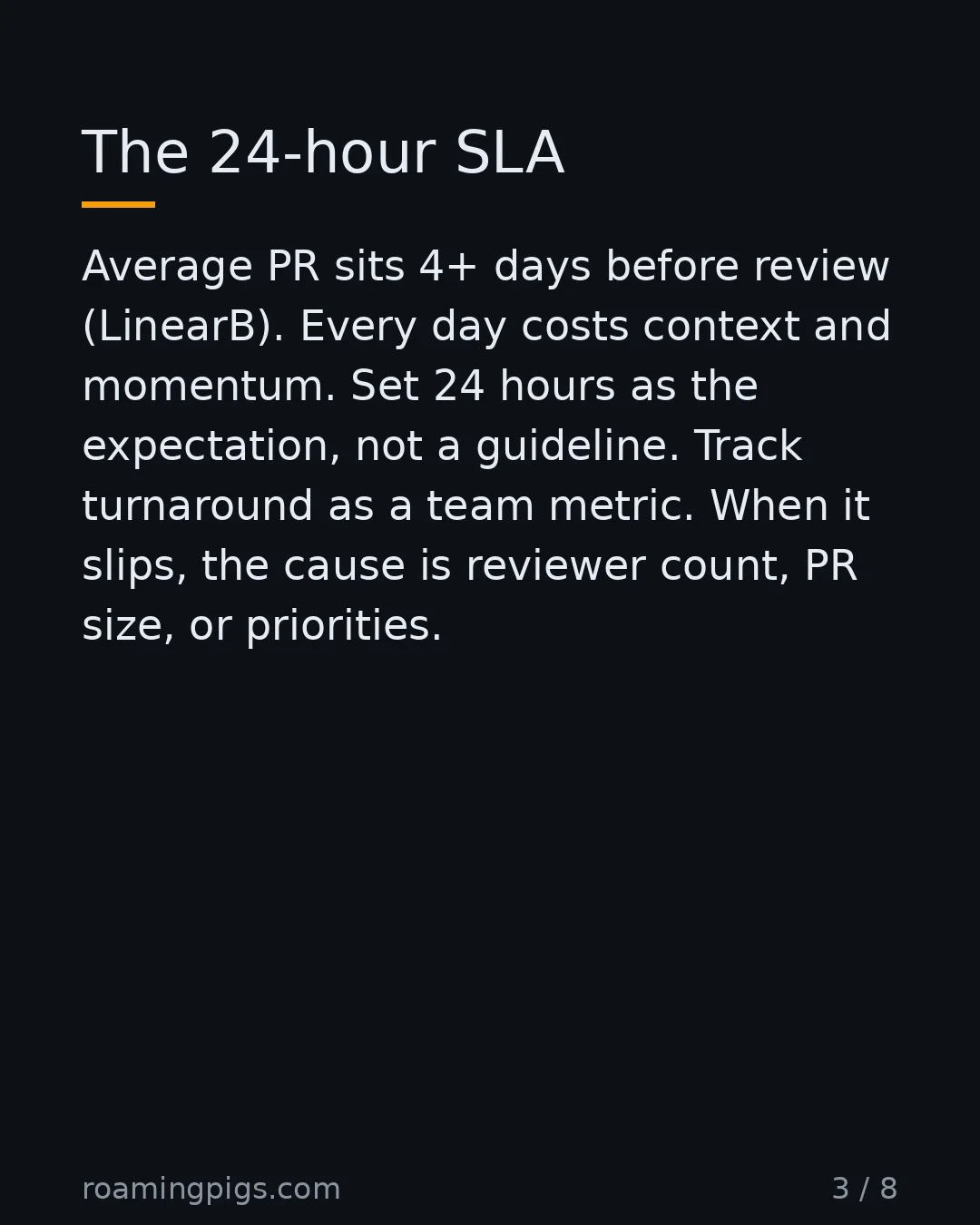 Slide 3 of 8: The 24-hour SLA. Average PR sits 4+ days before review (LinearB). Every day costs context and momentum. Set 24 hours as the expectation,…