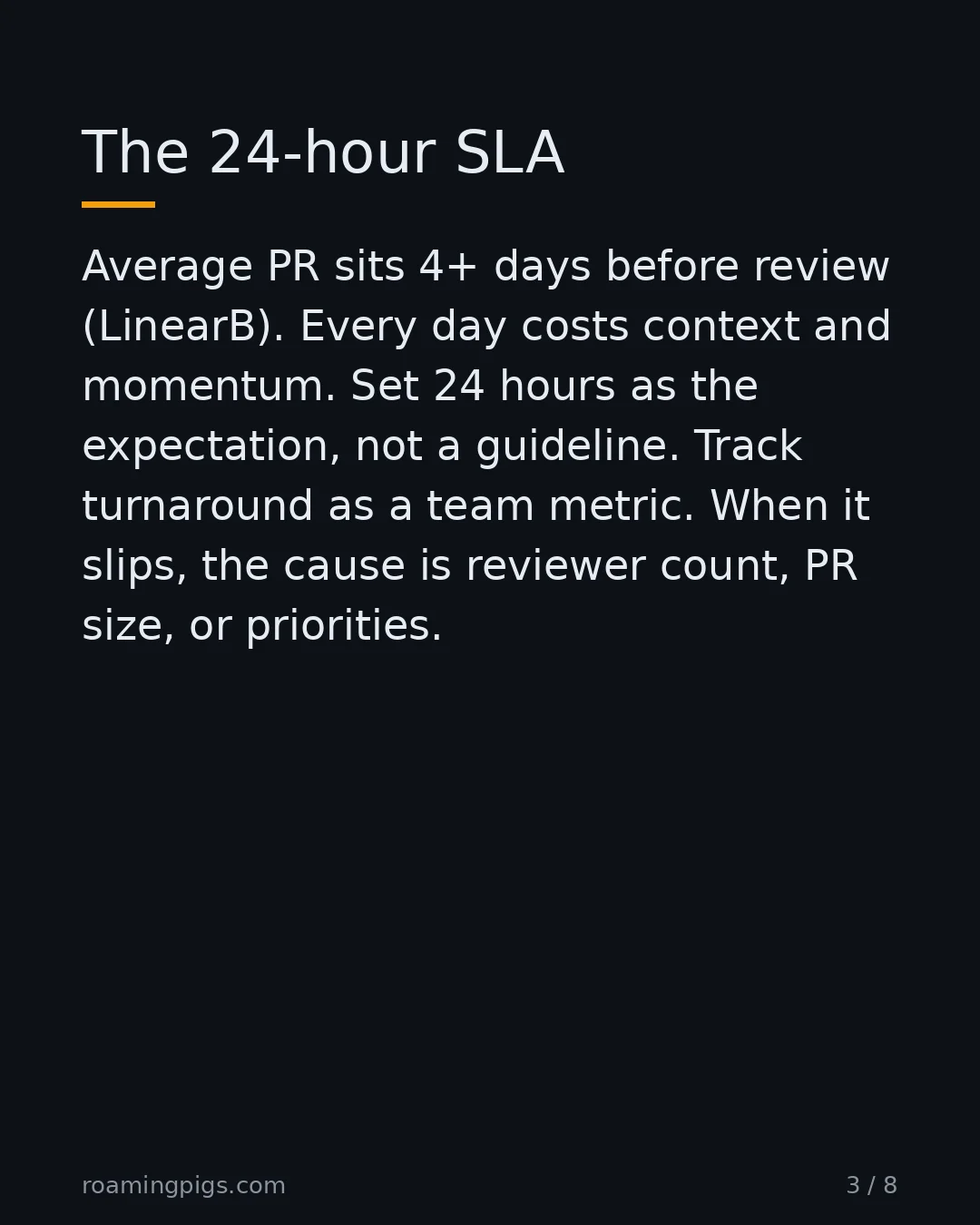 Slide 3 of 8: The 24-hour SLA. Average PR sits 4+ days before review (LinearB). Every day costs context and momentum. Set 24 hours as the expectation,…