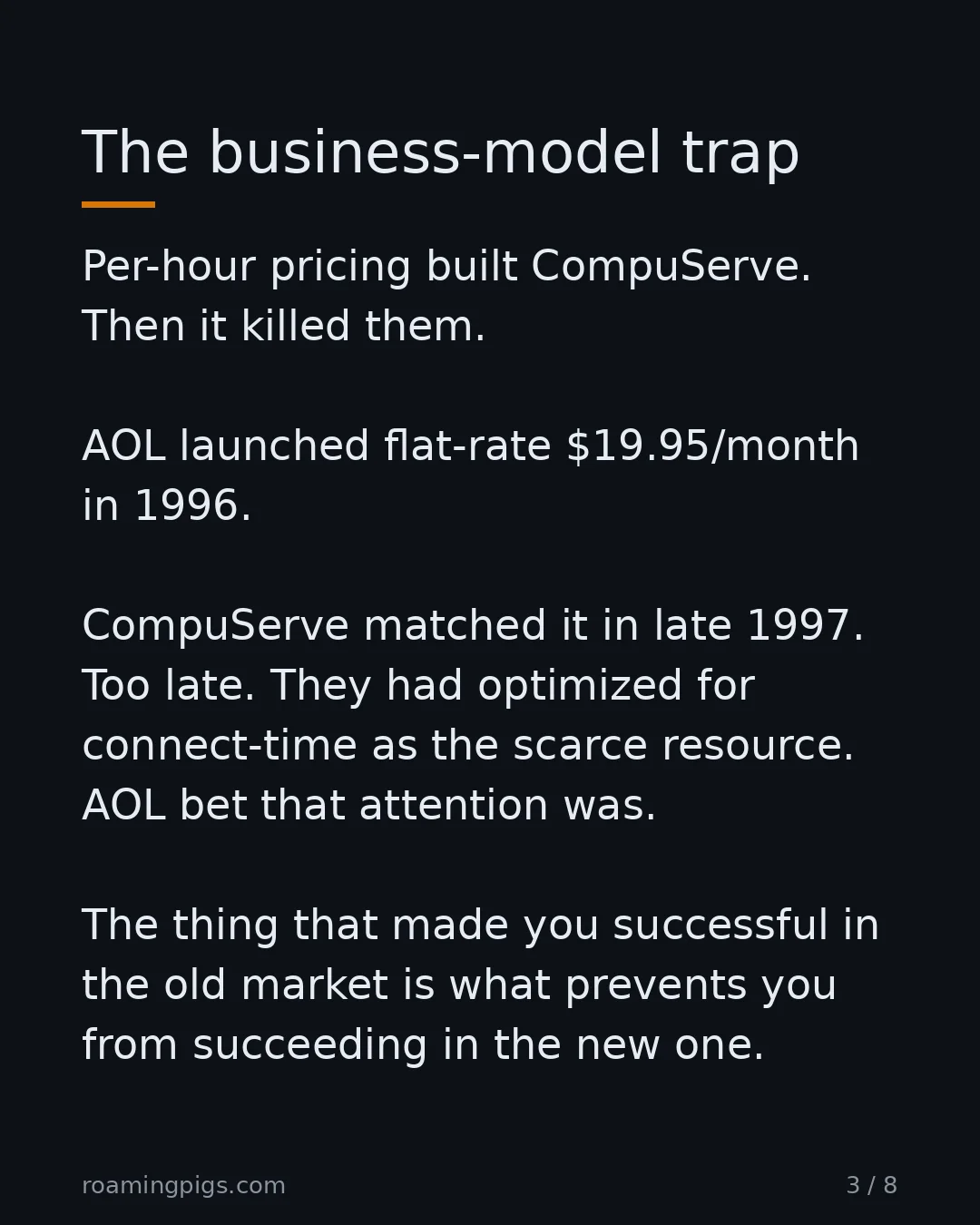 Slide 3 of 8: The business-model trap. Per-hour pricing built CompuServe. Then it killed them. AOL launched flat-rate $19.95/month in 1996. CompuServe…