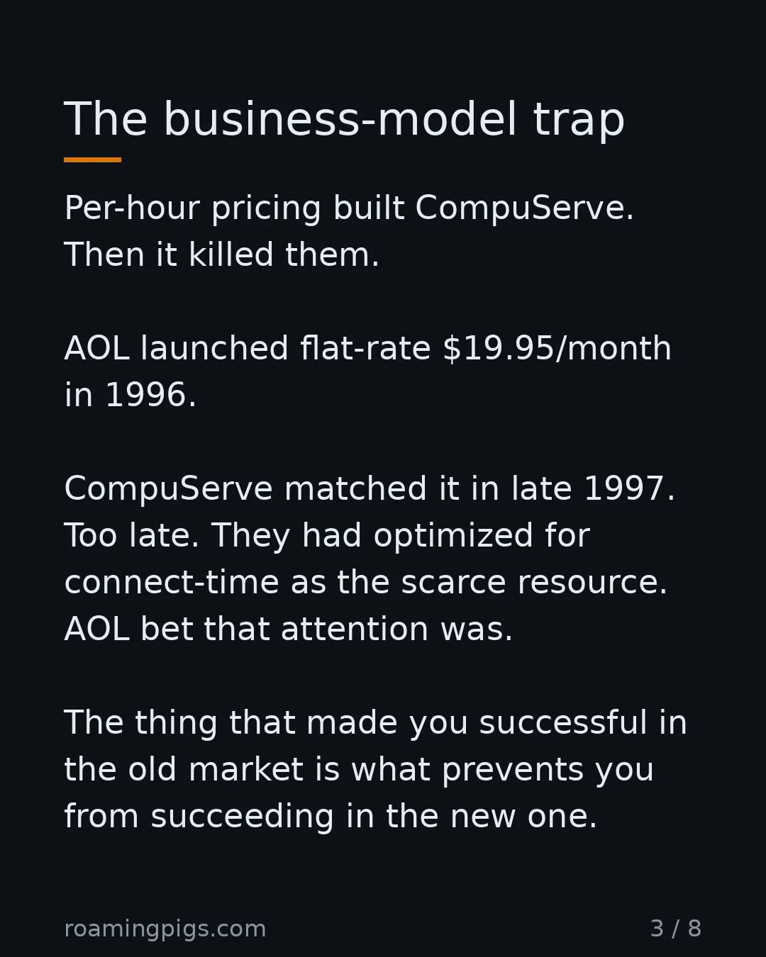 Slide 3 of 8: The business-model trap. Per-hour pricing built CompuServe. Then it killed them. AOL launched flat-rate $19.95/month in 1996. CompuServe…