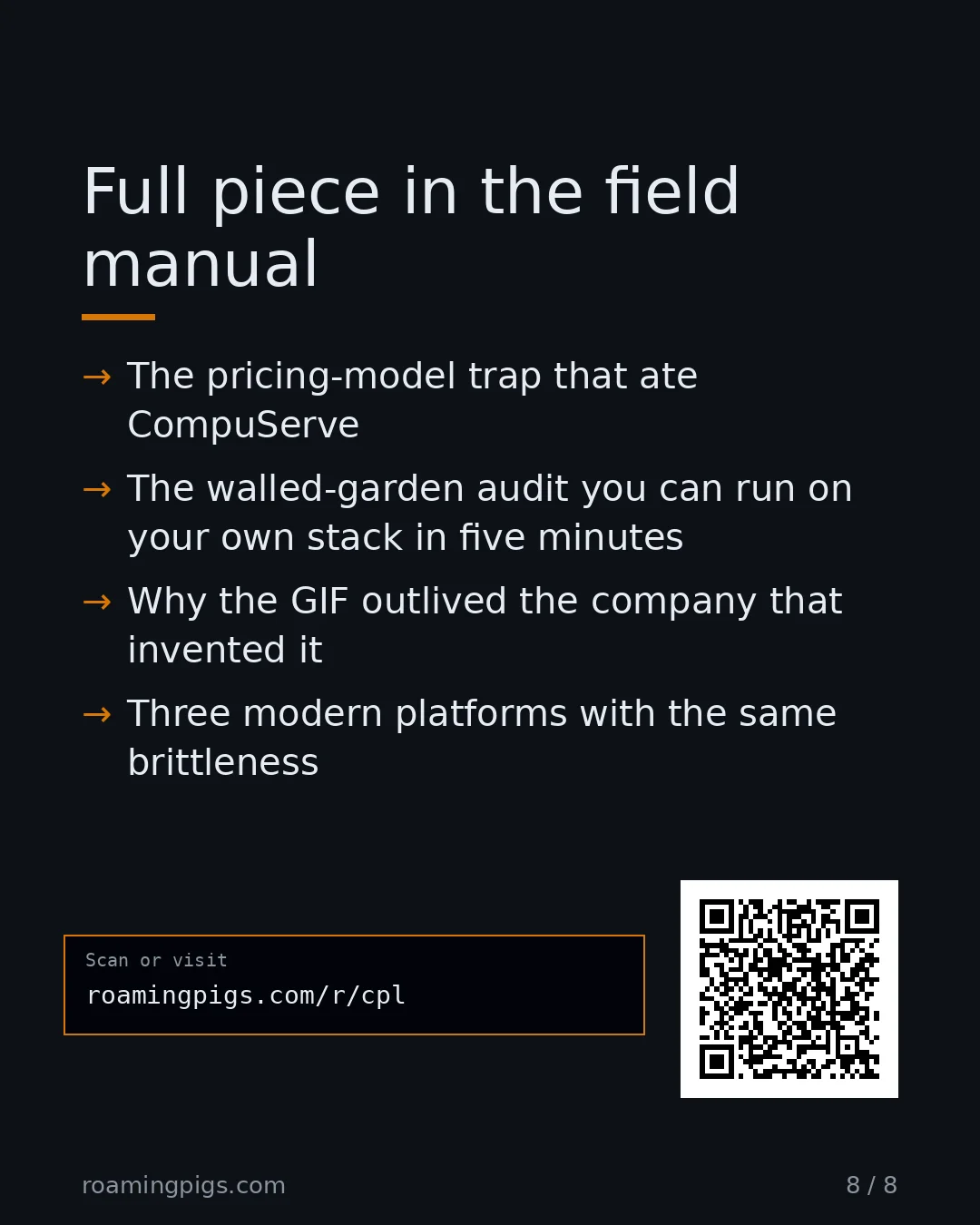 Slide 8 of 8: Call to action: The pricing-model trap that ate CompuServe The walled-garden audit you can run on your own stack in five minutes Why the…