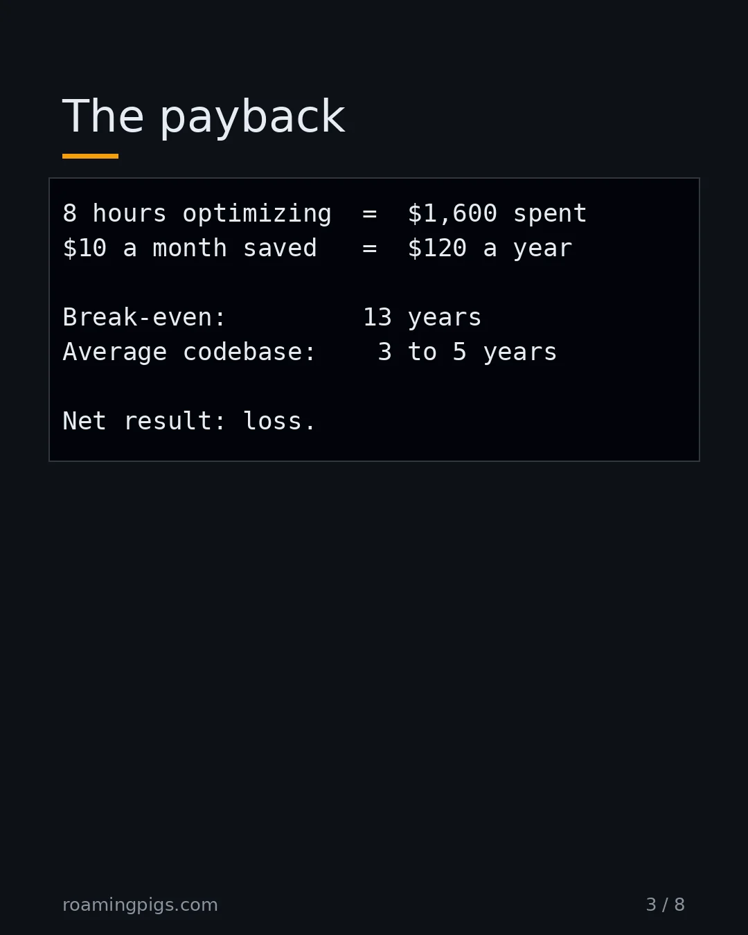 Slide 3 of 8: The payback. Code example