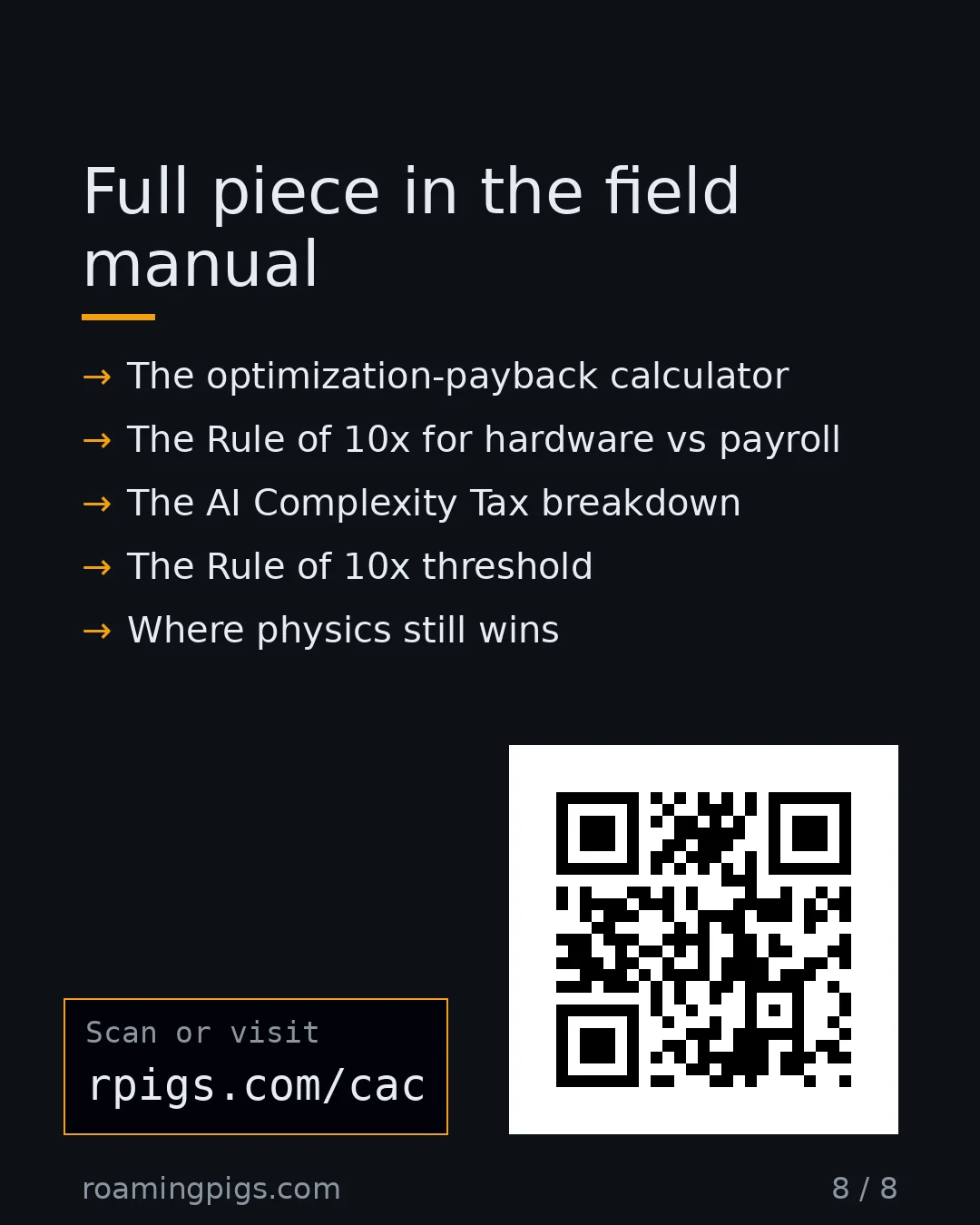 Slide 8 of 8: Call to action: The optimization-payback calculator The Rule of 10x for hardware vs payroll The AI Complexity Tax breakdown The Rule of 10x…
