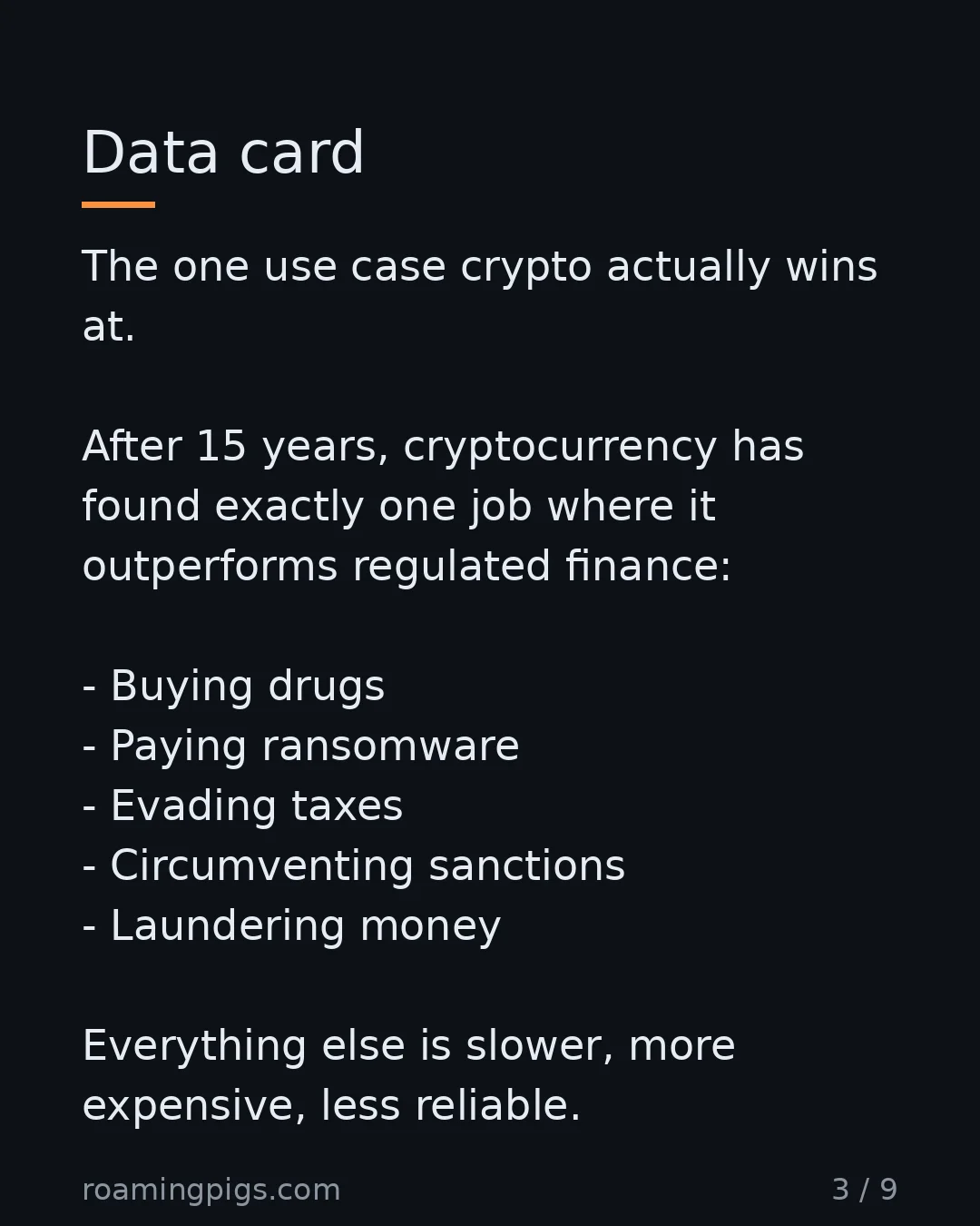 Slide 3 of 9: Data card. The one use case crypto actually wins at. After 15 years, cryptocurrency has found exactly one job where it outperforms…