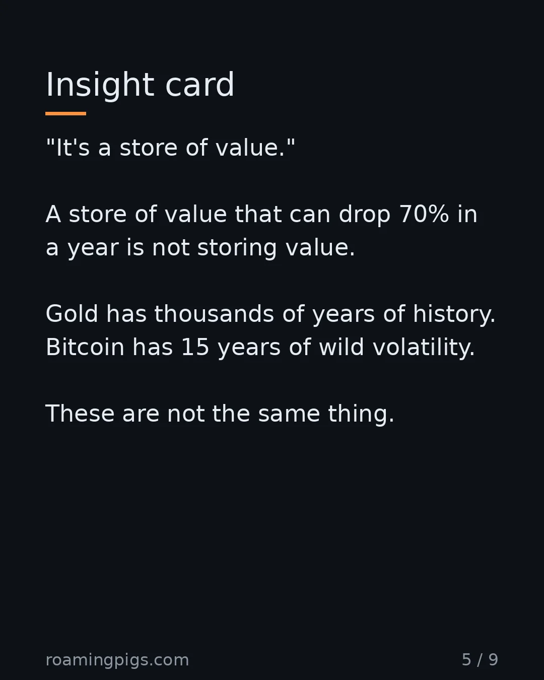 Slide 5 of 9: Insight card. "It's a store of value." A store of value that can drop 70% in a year is not storing value. Gold has thousands of years of…