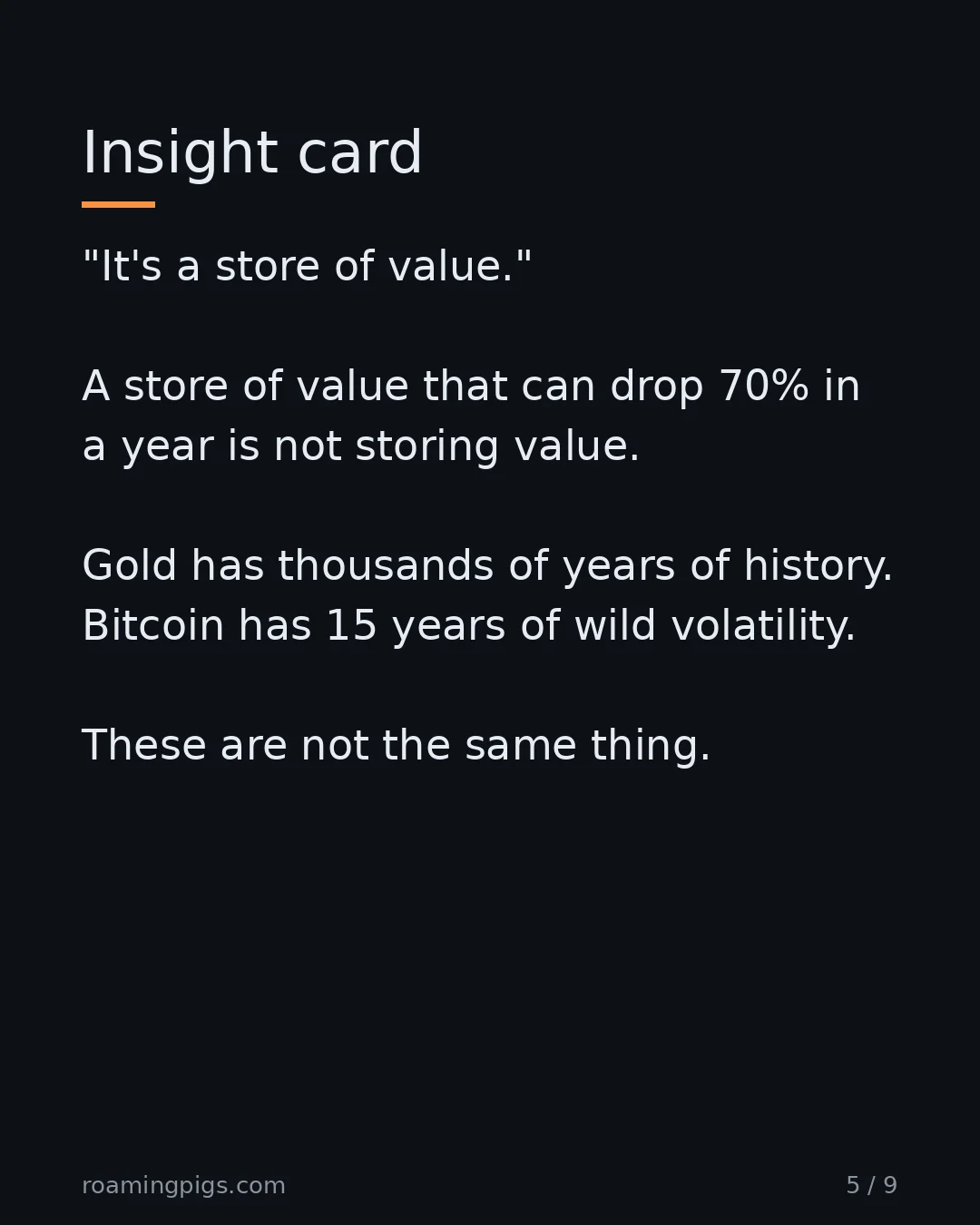 Slide 5 of 9: Insight card. "It's a store of value." A store of value that can drop 70% in a year is not storing value. Gold has thousands of years of…