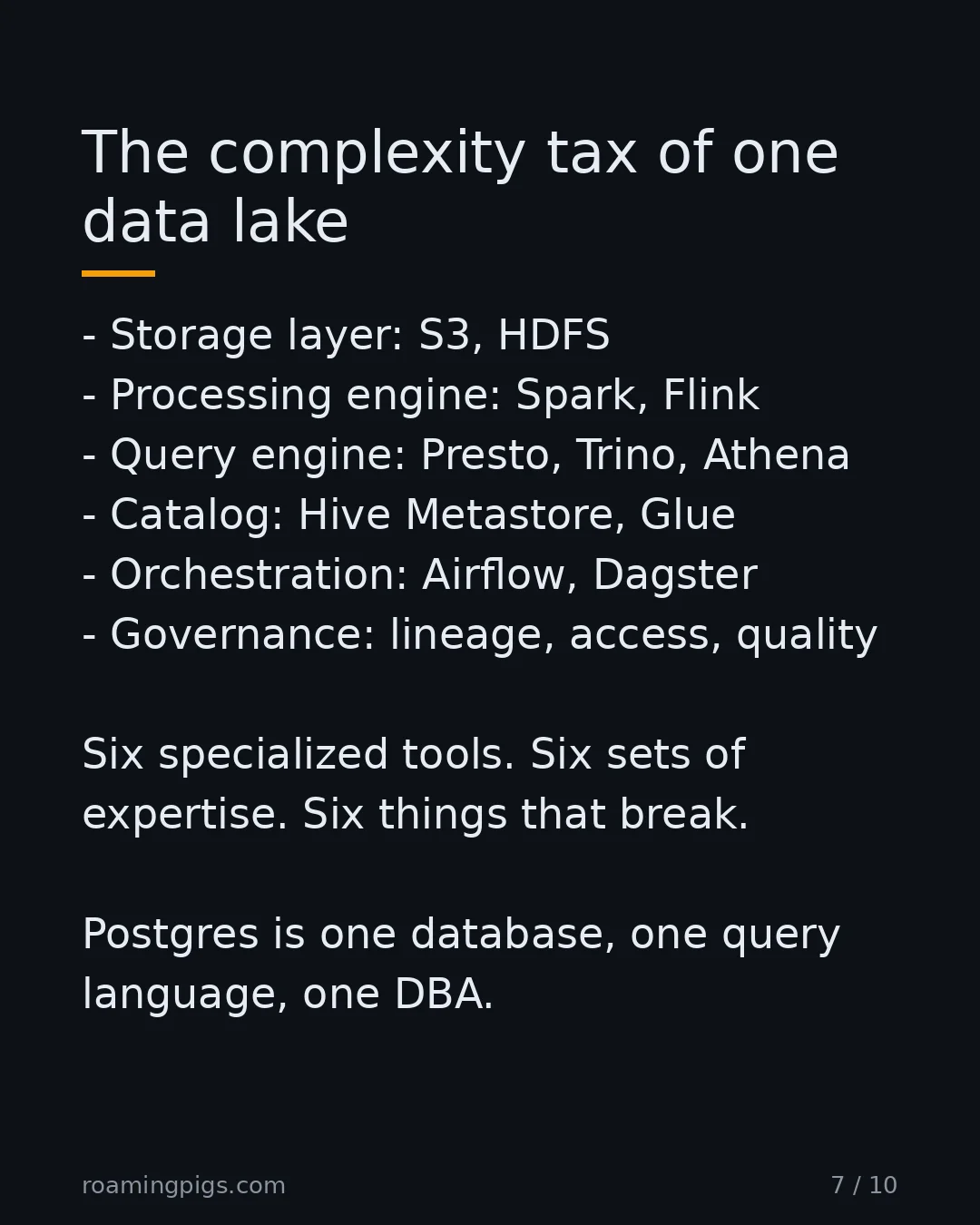 Slide 7 of 10: The complexity tax of one data lake. Storage layer: S3, HDFS Processing engine: Spark, Flink Query engine: Presto, Trino, Athena Catalog:…