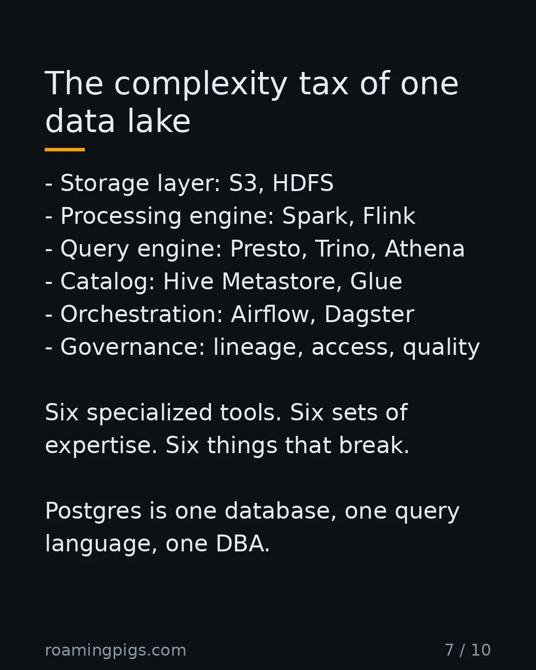 Slide 7 of 10: The complexity tax of one data lake. Storage layer: S3, HDFS Processing engine: Spark, Flink Query engine: Presto, Trino, Athena Catalog:…