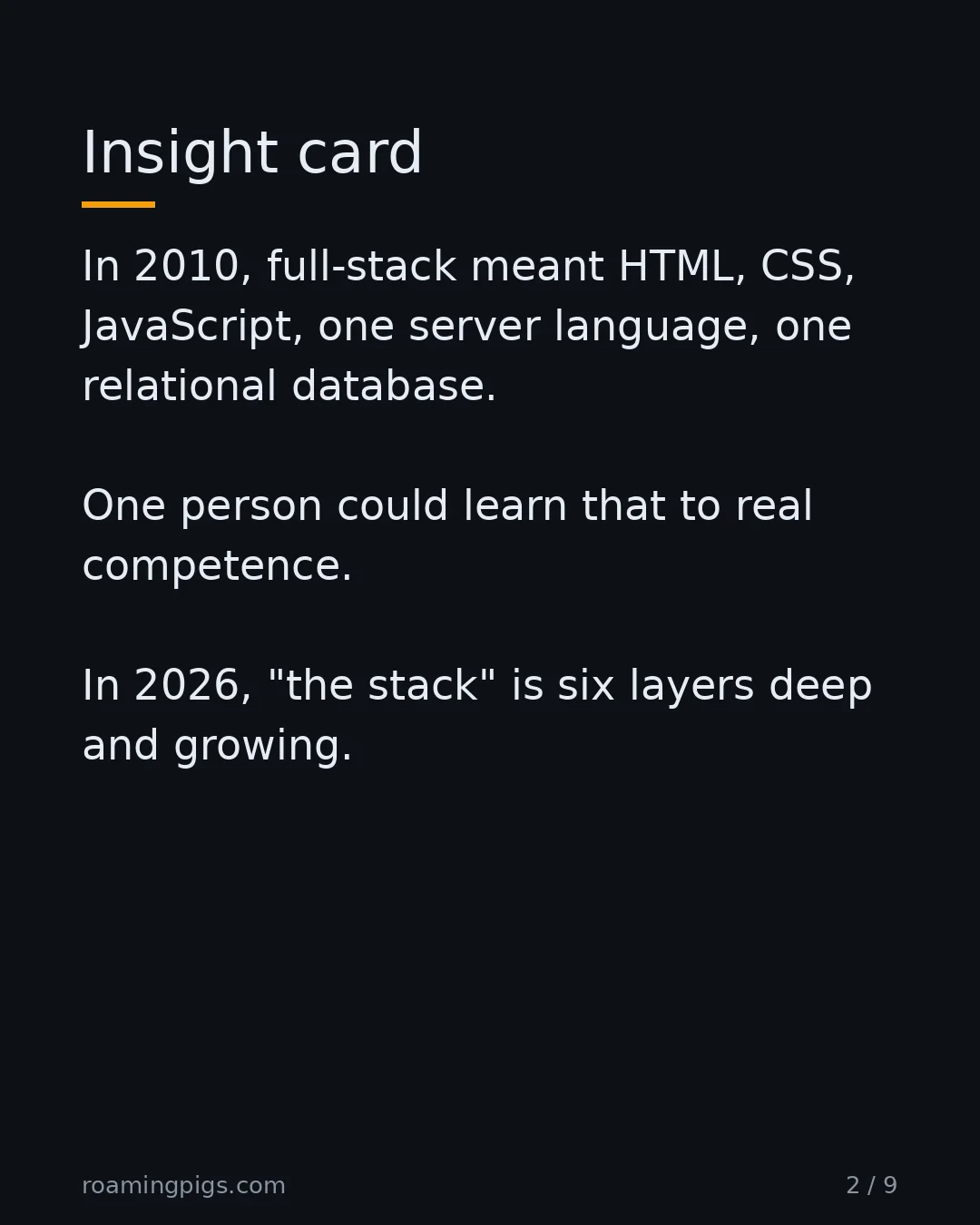 Slide 2 of 9: Insight card. In 2010, full-stack meant HTML, CSS, JavaScript, one server language, one relational database. One person could learn that to…
