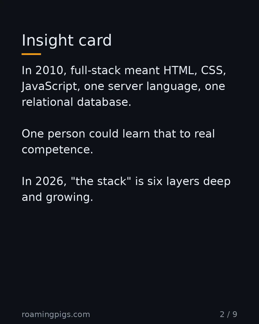 Slide 2 of 9: Insight card. In 2010, full-stack meant HTML, CSS, JavaScript, one server language, one relational database. One person could learn that to…